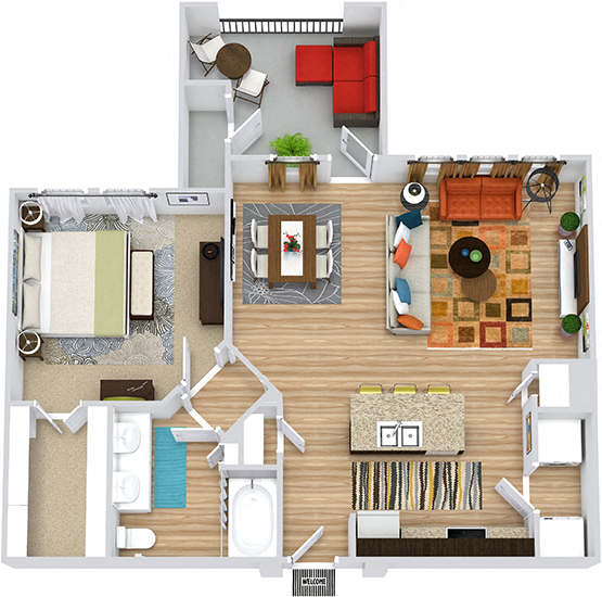 Floor plan for 1 bed, 1 bath, 775 sqft